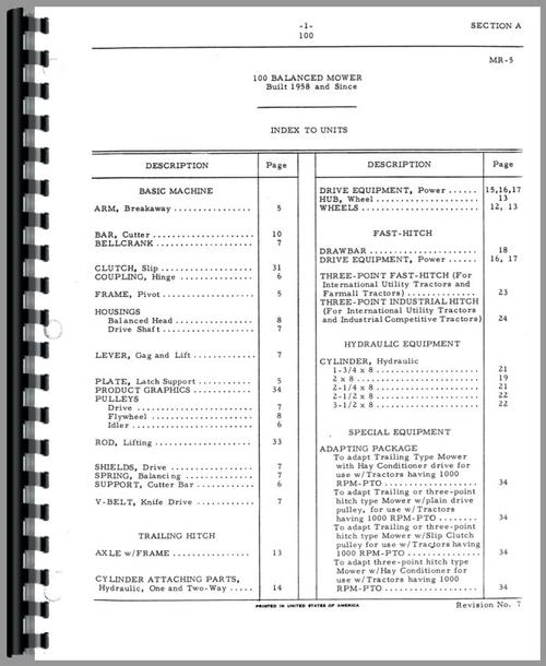 Parts Manual for International Harvester 100 Mower Sample Page From Manual