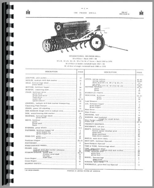 Parts Manual for International Harvester 100 Grain Drill Sample Page From Manual