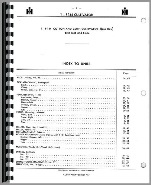 Parts Manual for International Harvester 100 Tractor Implement Attachments Sample Page From Manual
