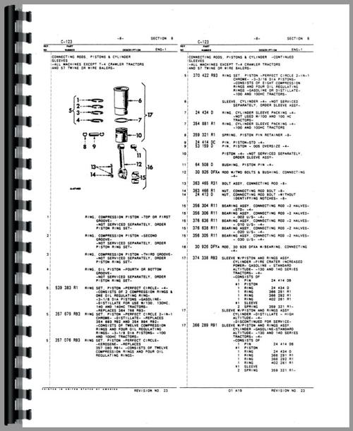 Parts Manual for International Harvester 140 Tractor Engine Sample Page From Manual