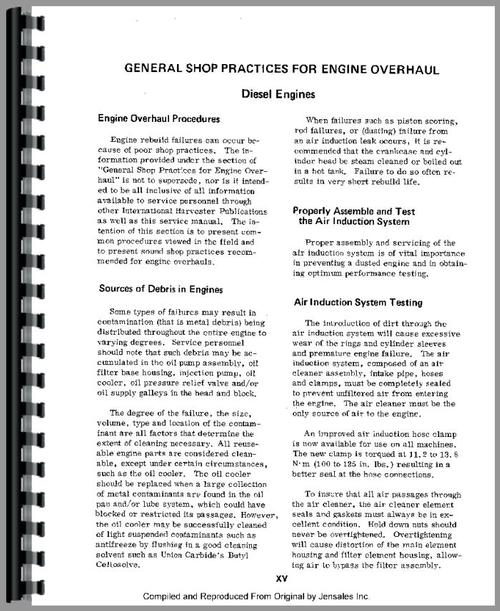 Service Manual for International Harvester 1486 Tractor Engine Sample Page From Manual