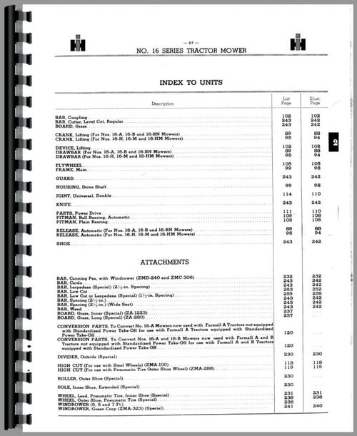 Parts Manual for International Harvester 16 Mower Sample Page From Manual