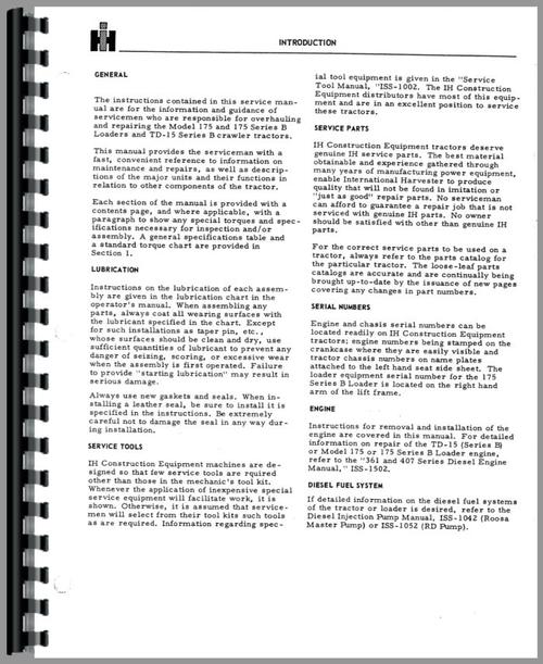 Service Manual for International Harvester 175 Track Loader Sample Page From Manual