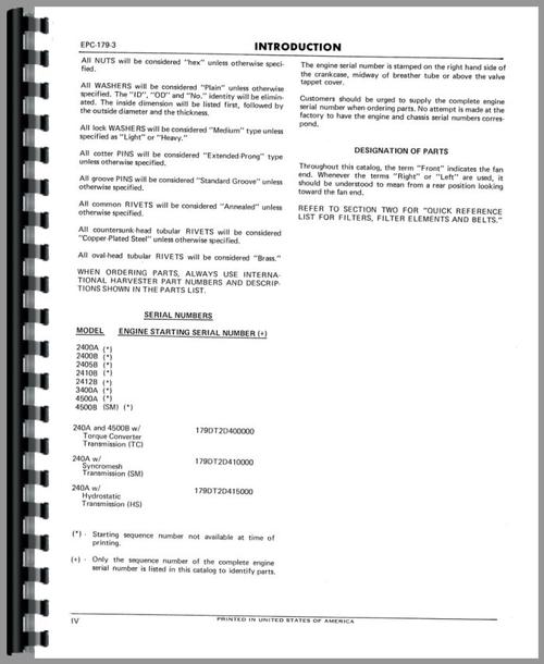 Parts Manual for International Harvester 2400 Industrial Tractor Engine Sample Page From Manual
