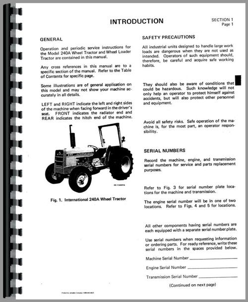 Operators Manual for International Harvester 240A Industrial Tractor Sample Page From Manual
