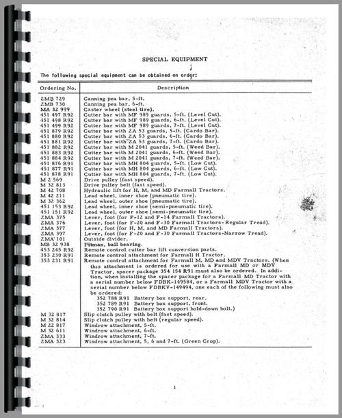 Operators Manual for International Harvester 27V Mower Sample Page From Manual