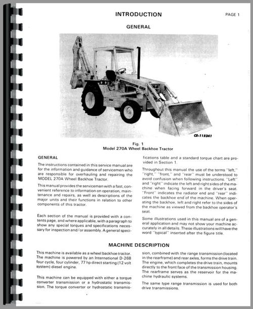 International Harvester 270A 270-A Tractor Backhoe Hoe Chassis Service Manual IH 