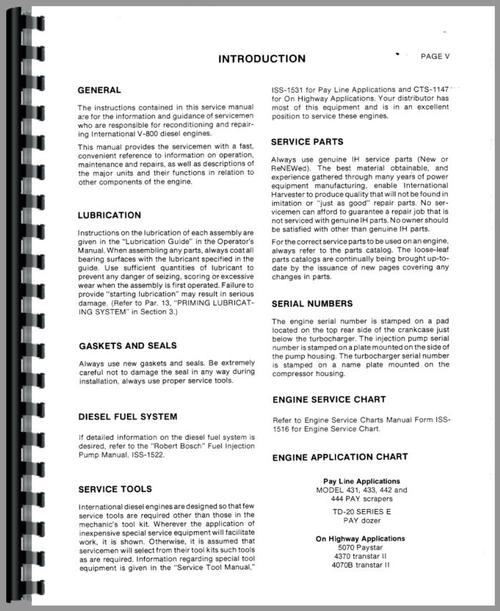 Service Manual for International Harvester 442 Pay Scraper Engine Sample Page From Manual