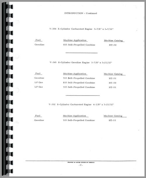 Parts Manual for International Harvester 815 Combine Engine Sample Page From Manual