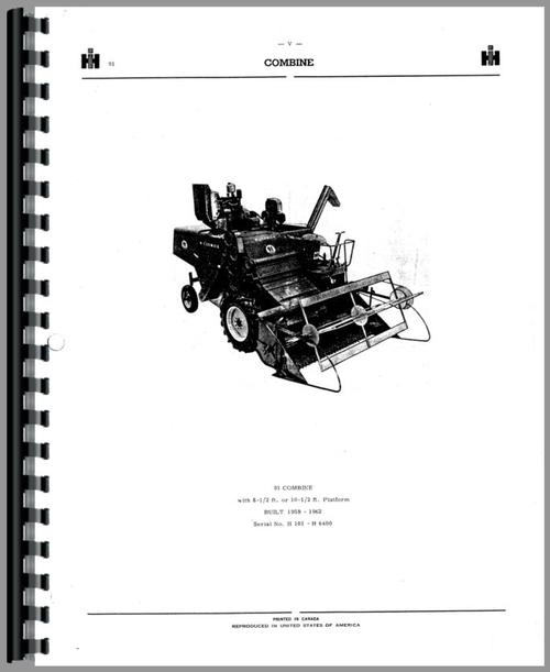 Parts Manual for International Harvester 91 Combine Sample Page From Manual