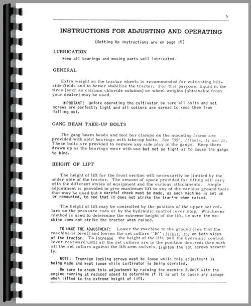 Operators Manual for International Harvester C254 Cultivator Sample Page From Manual