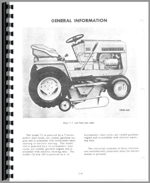 Service Manual for International Harvester Cub Cadet 102 Lawn & Garden Tractor Sample Page From Manual
