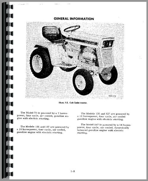 Service Manual for International Harvester Cub Cadet 106 Lawn & Garden Tractor Sample Page From Manual