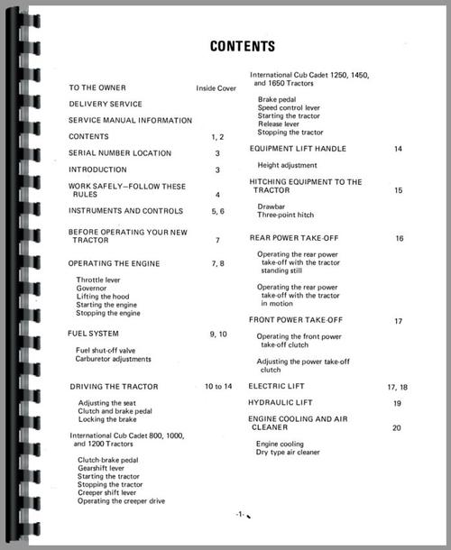 Operators Manual for International Harvester Cub Cadet 1450 Lawn & Garden Tractor Sample Page From Manual