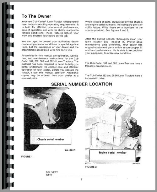 Operators Manual for International Harvester Cub Cadet 182 Lawn & Garden Tractor Sample Page From Manual