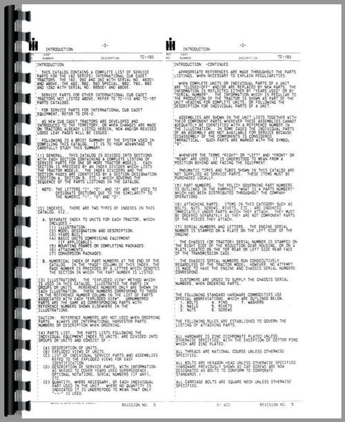 Parts Manual for International Harvester Cub Cadet 282 Lawn & Garden Tractor Sample Page From Manual