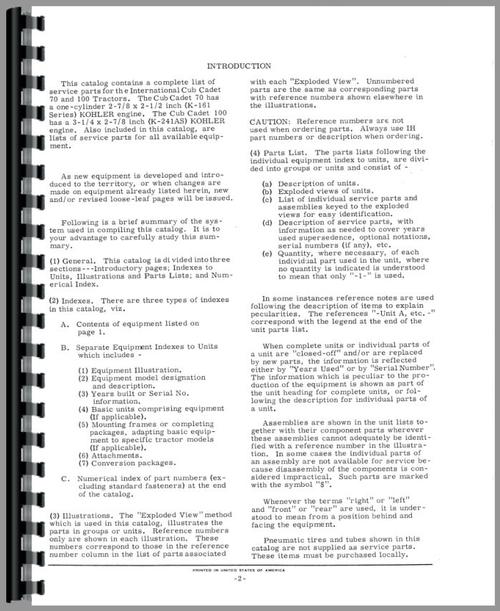 Parts Manual for International Harvester Cub Cadet 70 Lawn & Garden Tractor Sample Page From Manual