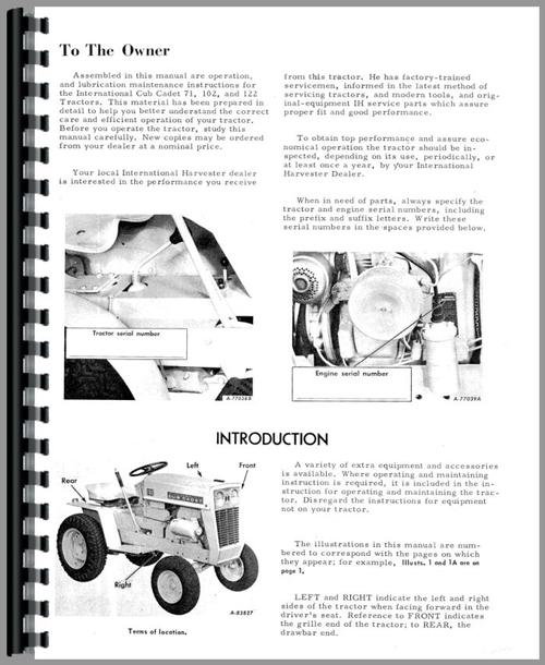 Operators Manual for International Harvester Cub Cadet 71 Lawn & Garden Tractor Sample Page From Manual