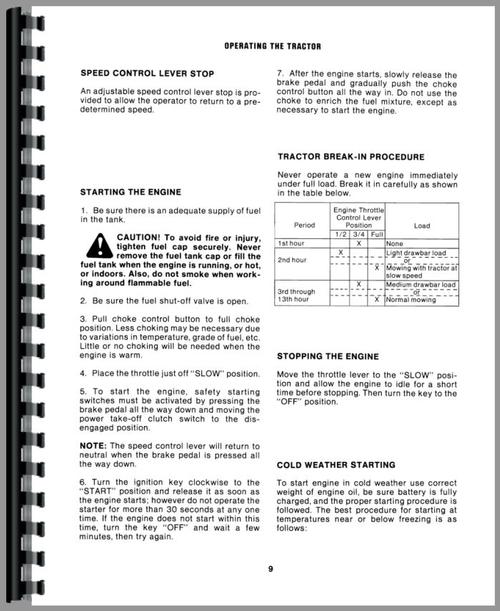 Operators Manual for International Harvester Cub Cadet 982 Lawn & Garden Tractor Sample Page From Manual