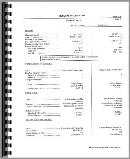 Service Manual for International Harvester E200 Elevating Pay Scraper Sample Page From Manual