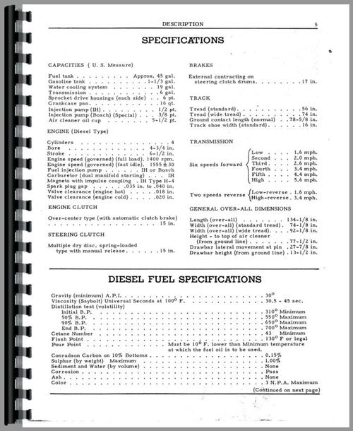 Operators Manual for International Harvester TD14A Crawler Sample Page From Manual