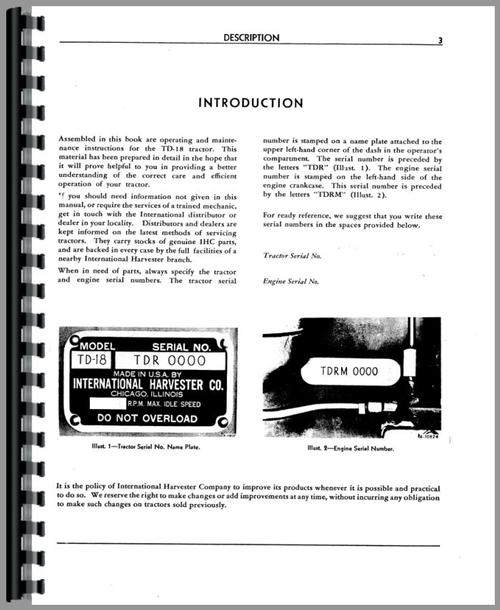 Operators Manual for International Harvester TD18 Crawler Sample Page From Manual