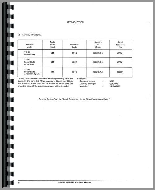 Parts Manual for International Harvester TD7E Crawler Sample Page From Manual