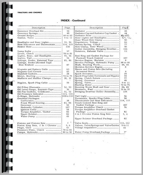 Parts Manual for International Harvester U123 Tractor Accessories Supplement Sample Page From Manual