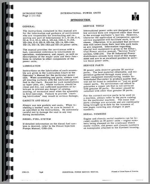 Service Manual for International Harvester U6 Power Unit Sample Page From Manual