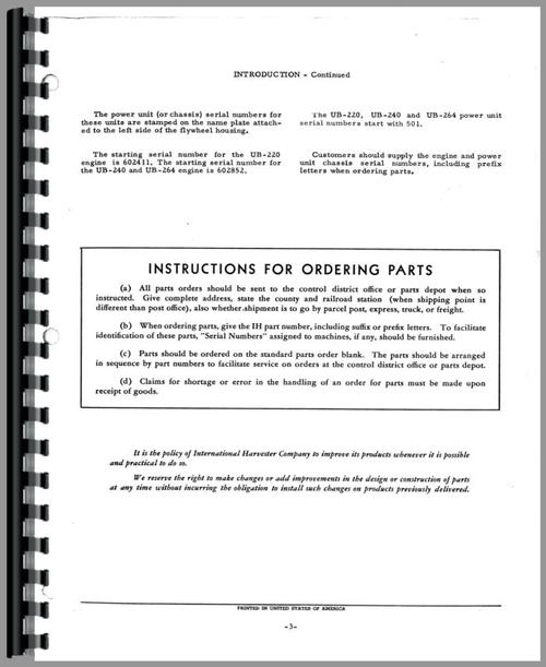 Parts Manual for International Harvester UB240 Power Unit Sample Page From Manual