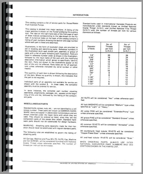 Parts Manual for International Harvester UD282 Power Unit Diesel Pump Sample Page From Manual
