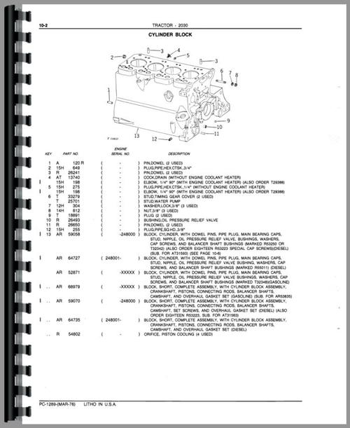Parts Manual for John Deere 2030 Tractor Sample Page From Manual