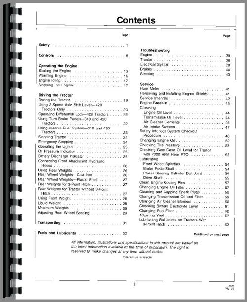 Operators Manual for John Deere 420 Lawn & Garden Tractor Sample Page From Manual