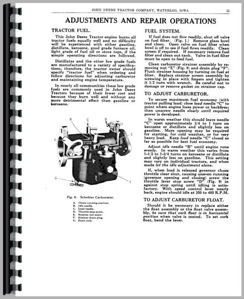 Operators Manual for John Deere A Tractor Sample Page From Manual
