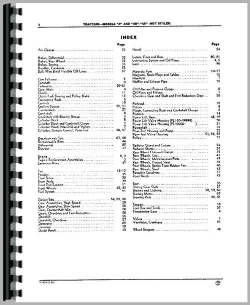 Parts Manual for John Deere A Tractor Sample Page From Manual