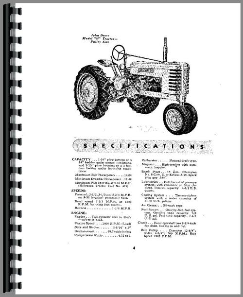 Operators Manual for John Deere H Tractor Sample Page From Manual