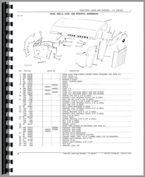 Parts Manual for John Deere 112 Lawn & Garden Tractor Sample Page From Manual