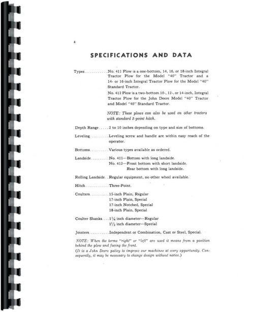 Operators Manual for John Deere 411 Plow Sample Page From Manual