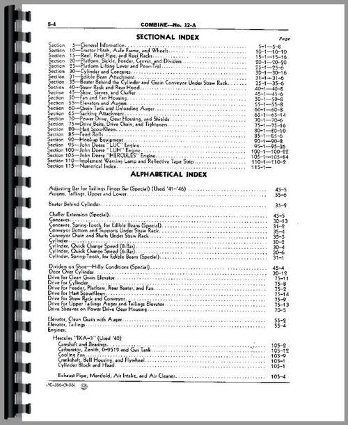 Parts Manual for John Deere 12A Combine Sample Page From Manual