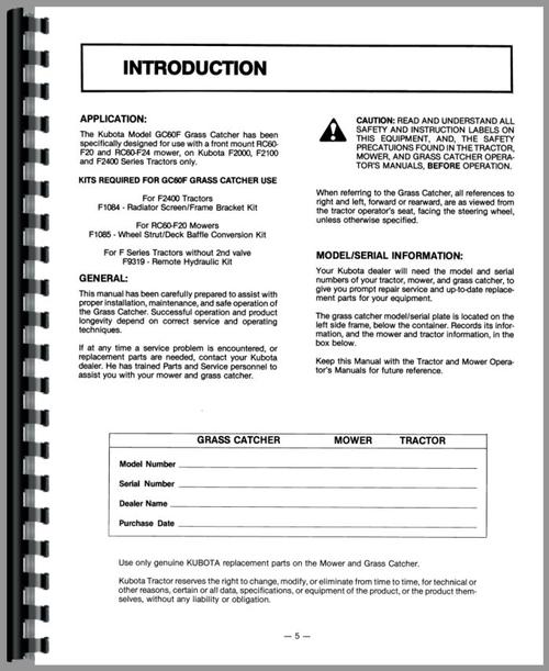 Operators Manual for Kubota GC60F Grass Catcher Front Mounted Mower Sample Page From Manual