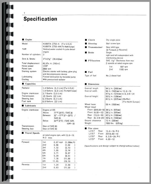 Operators Manual for Kubota L175 Tractor Sample Page From Manual