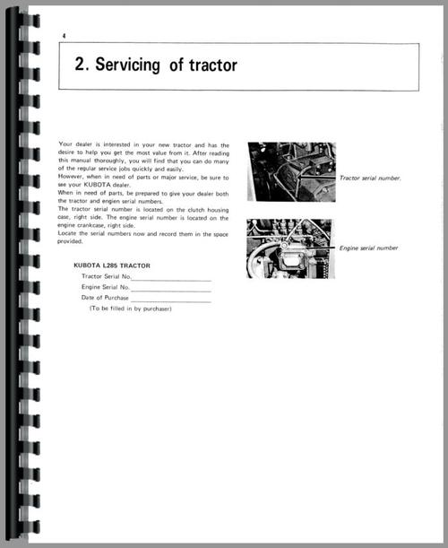 Operators & Parts Manual for Kubota L285 Tractor Sample Page From Manual