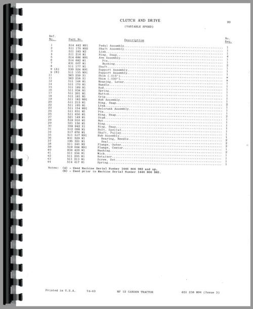 Parts Manual for Massey Ferguson 12 Lawn & Garden Tractor Sample Page From Manual