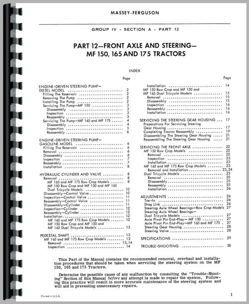 Service Manual for Massey Ferguson 175 Tractor Sample Page From Manual