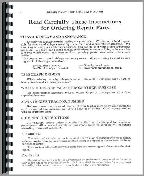 Parts Manual for Massey Harris 20-30 Tractor Sample Page From Manual