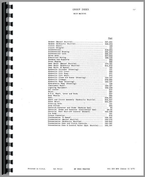 Parts Manual for Massey Ferguson 2200 Industrial Tractor Sample Page From Manual