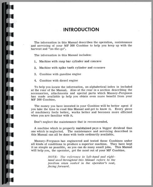 Operators Manual for Massey Ferguson 300 Combine Sample Page From Manual
