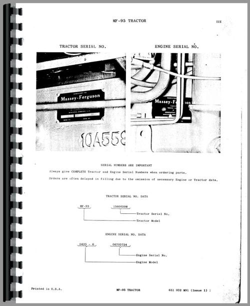 Parts Manual for Massey Ferguson 95 Tractor Sample Page From Manual