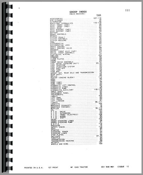 Parts Manual for Massey Ferguson 1040 Tractor Sample Page From Manual