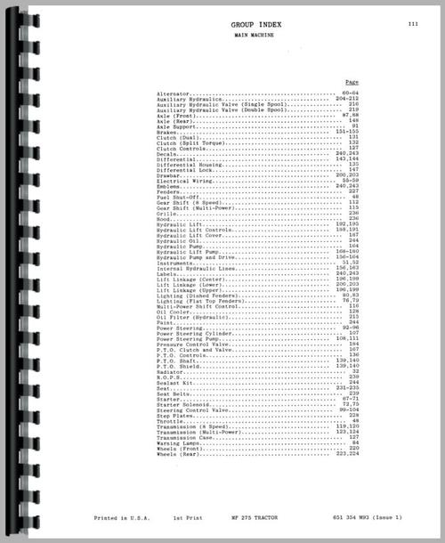 Parts Manual for Massey Ferguson 275 Tractor Sample Page From Manual